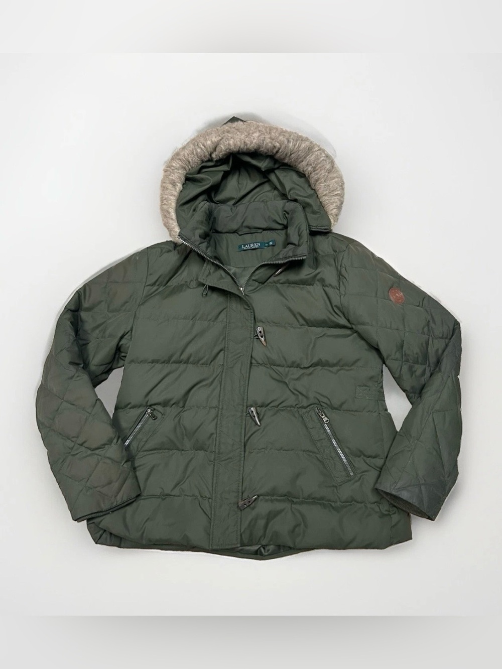 Lauren Ralph Lauren Down Puffer Coat Hooded Faux Fur Women XL Olive Green Preppy